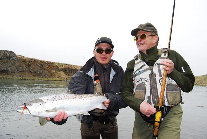 Þórarinn Sigþórsson og Stefán Sigurðsson fengu frábæra veiði við opnun Blöndu fyrir rúmum mánuði. Síðan hafa veiðst yfir eitt þúsund laxar í ánni. Kunnugir segja það ótrúlega háa tölu svo snemma í júlí.Mynd/Ingi Freyr Ágústsson