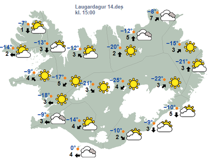 Allt að 25°C frosti er spáð á laugardag.