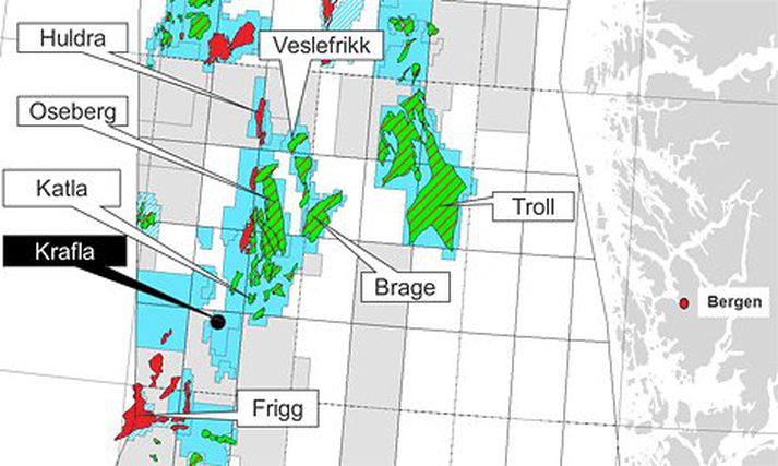 Krafla liggur beint vestur af Bergen, suðvestur af olíusvæði sem áður nefndist Katla. Risalindirnar Oseberg og Troll eru skammt undan.