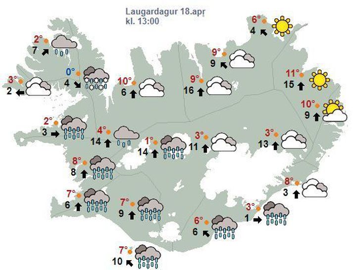 Spákortið fyrir klukkan 13 í dag, eins og það leit út um klukkan átta í morgun.