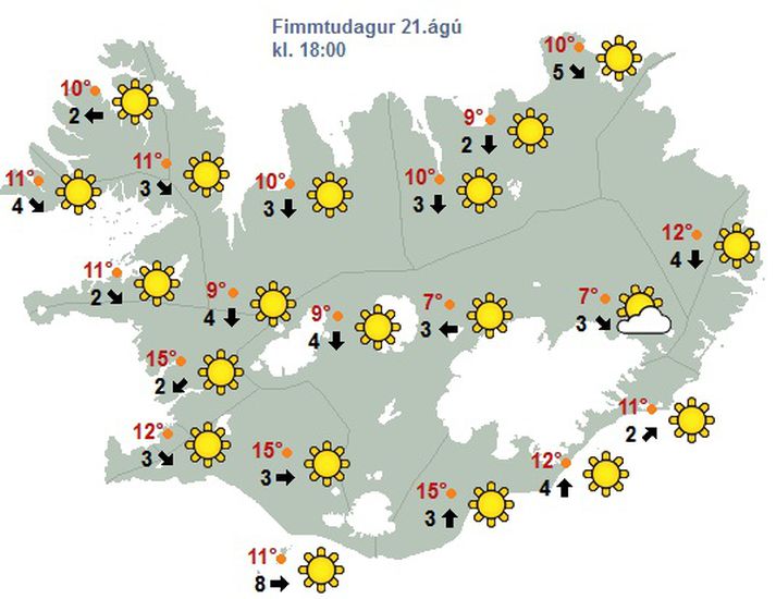 Veðurspáin klukkan 18 í dag.