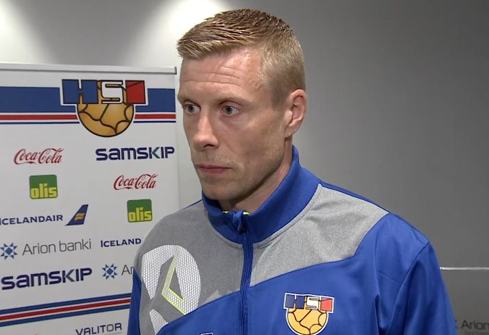 Guðjón Valur Sigurðsson á blaðamannafundi íslenska liðsins í gær.