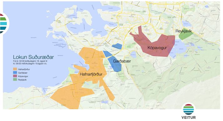 Hér má sjá hvaða hverfi höfuðborgarsvæðisins verða að líkindum heitvatnslaus í 30 klukkustundir.