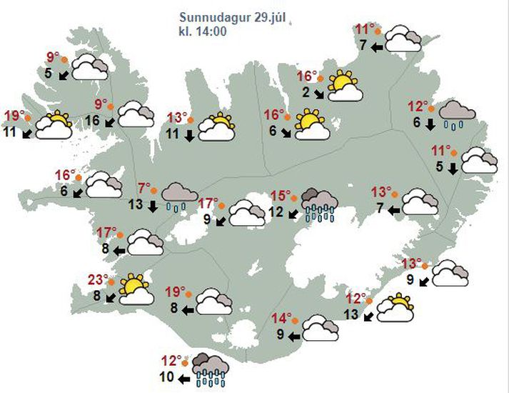 Hlýindi úr austri koma yfir landið með látum á morgun.