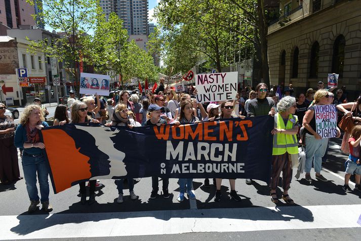 Frá mótmælagöngu kvenna í Melbourne í dag.