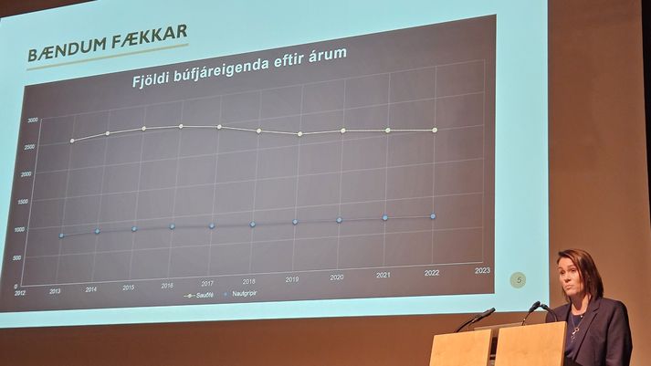 Margrét í ræðustólnum þar sem hún fór m.a. yfir glæruna á skjánum þar sem sést hvað bændum hefur fækkað mikið á síðustu 10 árum.