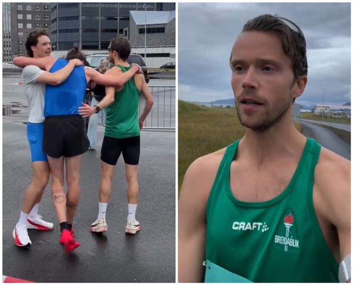 Arnar Pétursson sést hér fagna sigri í hlaupinu í gær eftir endasprett á móti þeim Stefáni Pálssyni og Þorsteini Roy Jóhannssyni. Hann útskýrði sitt mál eftir að hafa verið dæmdur úr leik.