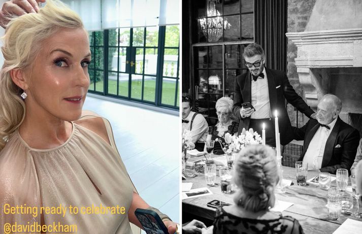 Kristín deildi mynd af sér á leið í veisluna og til hægri má svo sjá mynd sem Beckham sjálfur deildi af afmælisviðburði í vikunni. 
