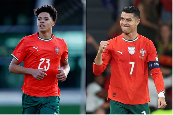 Ronaldo Jr. og faðir hans Cristiano Ronaldo.  Myndir frá GettyImages 