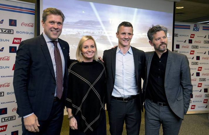Bjarni Benediktsson, forsætisráðherra,Guðrún Inga Sívertsen, varaformaður KSÍ, Guðni Bergsson formaður KSÍ og Dagur Eggertsson, borgarstjóri ætla að vinna saman í málefnum Laugardalsvallar. 