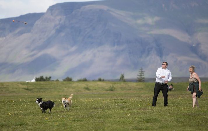 Þetta fólk naut veðurblíðunnar á Geirsnefi í Reykjavík í gær með hundum sínum. Ekki spáir jafn góðu veðri um helgina.