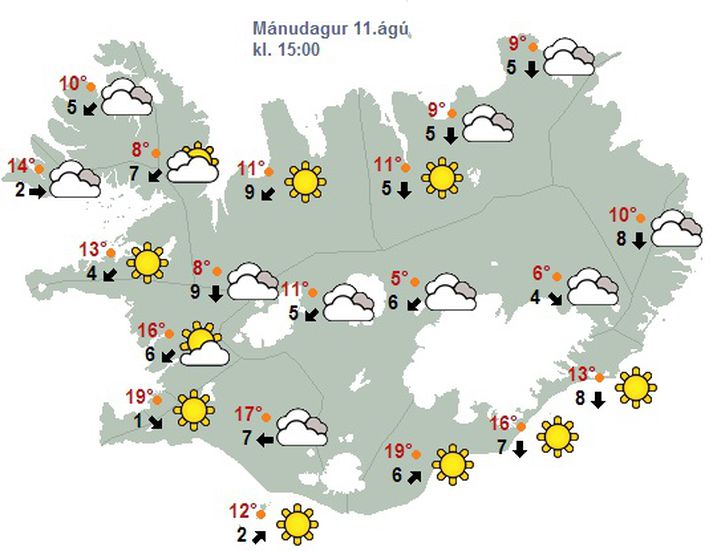 Spá Veðurstofu fyrir klukkan þrjú eftir hádegi í dag.