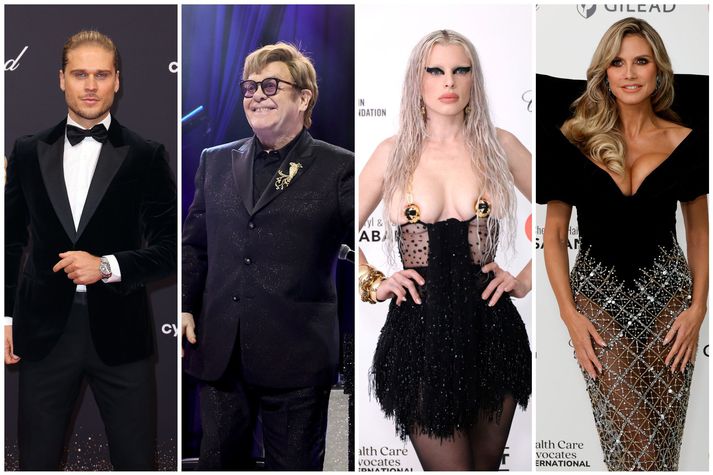 Rúrik Gíslason, Julia Fox og Heidi Klum voru meðal gesta í Óskarspartýinu hjá Elton John. 