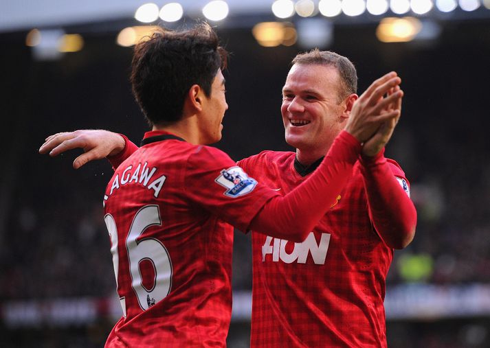 Markaskorararnir Kagawa og Rooney fagna í dag.