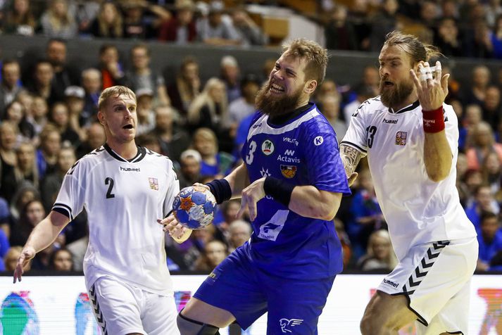 Kári Kristján Kristjánsson átti fínan leik gegn Úkraínu, skoraði þrjú mörk og fiskaði tvö vítaköst.