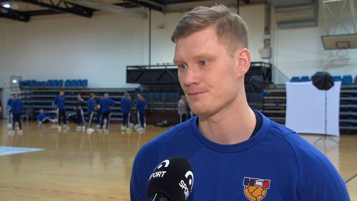 Ýmir Örn Gíslason á æfingu íslenska landsliðsins sem kom saman á föstudaginn og hefur æft í Safamýri, fyrir komandi Evrópumót.