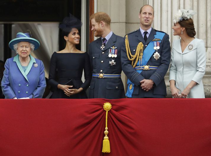 Elísabet II Englandsdrottning, Meghan og Harry og Vilhjálmur og Katrín á góðri stund. Það er spurning hvort allt leiki í jafnmiklu lyndi nú.