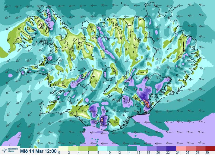 Vindaspá Veðurstofu Íslands fyrir hádegið í dag.