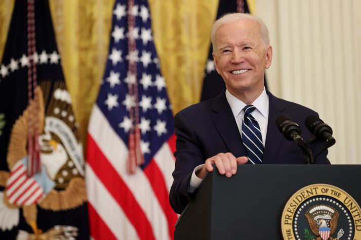 Joe Biden Bandaríkjaforseti á fyrsta blaðamannafundi sínum í Hvíta húsinu í dag.