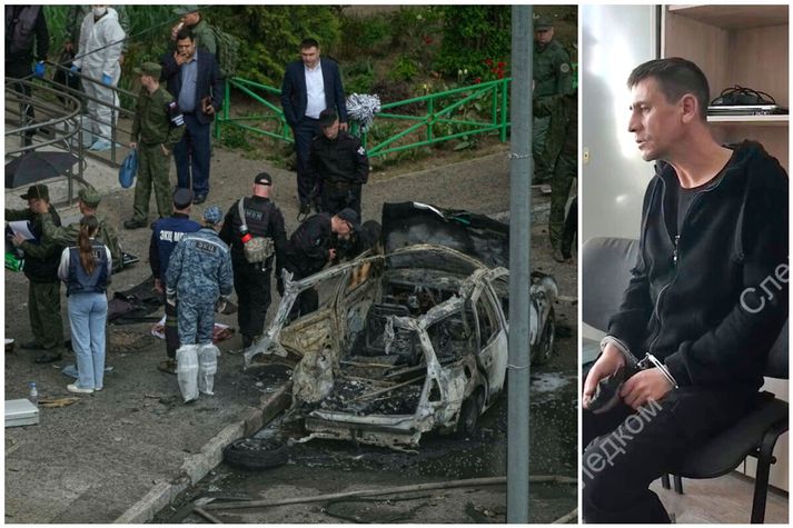 Ignat Kuzin (t.h.), maðurinn sem rússnesk yfirvöld segja að hafi myrt Jaroslav Moskalik með bílsprengju á föstudag. Kuzin á að hafa sagt lögreglu að hann hafi fengið greitt frá Úkraínumönnum fyrir morðið.