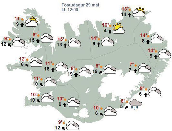 Það verður þungbúið sunnan- og vestanlands með viðloðandi súld og rigningu. Hiti 8 til 13 stig. Á Norður- og Austurlandi verður hins vegar bjart veður og hiti 14 til 20 stig.