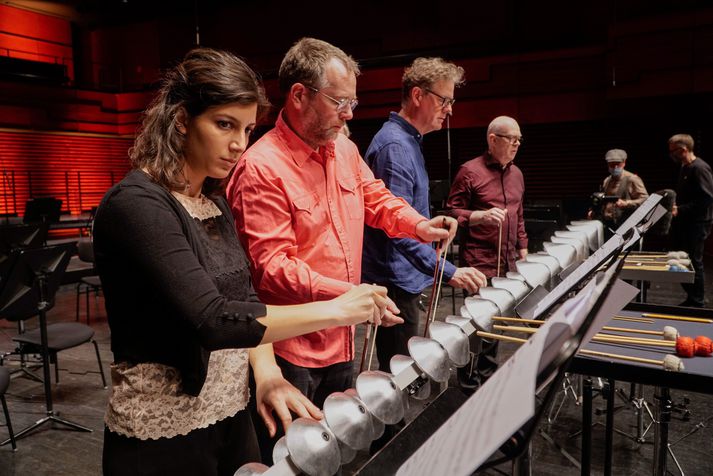 Hér má sjá slagverksleikara Sinfóníuhljómsveitar Íslands, þau Soraya Nayyar, Frank Aarnink, Steef van Oosterhout og Eggert Pálsson, leika á alúfóninn í fyrsta sinn í Eldborg.