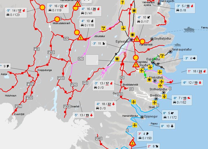 Skjáskoti af korti Vegagerðarinnar sem sýnir lokanir á Austurlandi.