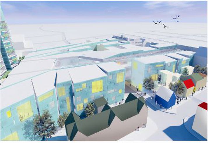 Teikning af Bjarnarborg og Vatnsstíg eftir hugmyndum arkitekta.