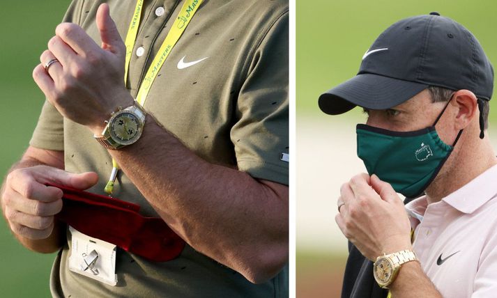 Rory McIlroy með nýja sérhannaða gullúrið á Augusta golfvellinum í aðdraganda Mastersmótsins í golfi.