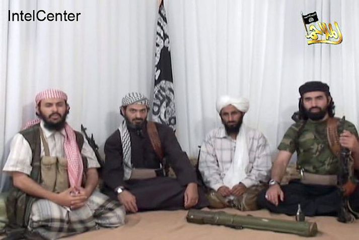 Leiðtogar Al Kaída í Jemen Abu Hurayrah Qasim al-Reemi, Said al-Shihri, Naser Abdel Karim al-Wahishi og Abu al-Hareth Muhammad al-Oufi. Þeir al-Shihri og al-Oufi voru báðir í haldi Bandaríkjamanna í Guantanamo á Kúbu. fréttablaðið/AP