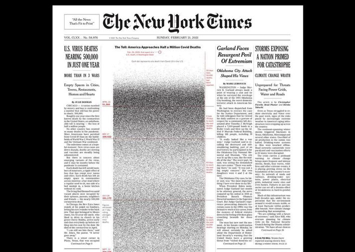 Á forsíðu New York Times í dag eru 500 þúsund punktar, einn fyrir hvert líf sem tapast hefur í faraldrinum í Bandaríkjunum.