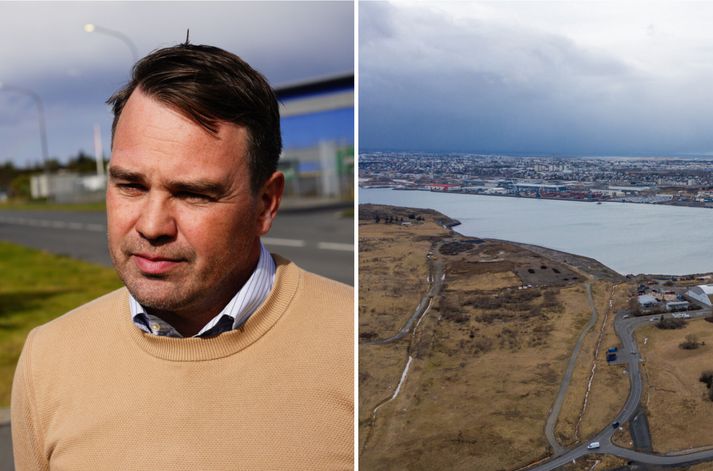 Guðmundur Valur Guðmundsson er formaður verkefnastjórnar Sundabrautar. Á myndinni til hægri má sjá Kleppsvík en deilt er um hvort brú eða göng sé betri kostur í þverun víkarinnar.