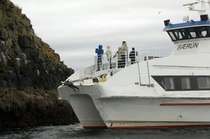 Hér sést bátur Sæferða, Særún, stoppa við fuglabjarg í skoðunarferð.