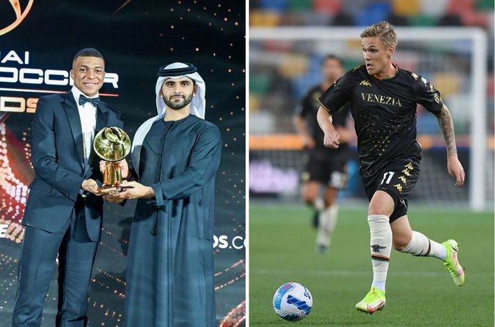 Kylian Mbappé var heiðraður sem knattspyrnumaður ársins á verðlaunahófi í Dúbaí í gærkvöld og virðist svo hafa hitt Arnór Sigurðsson í gleðskap síðar um kvöldið.