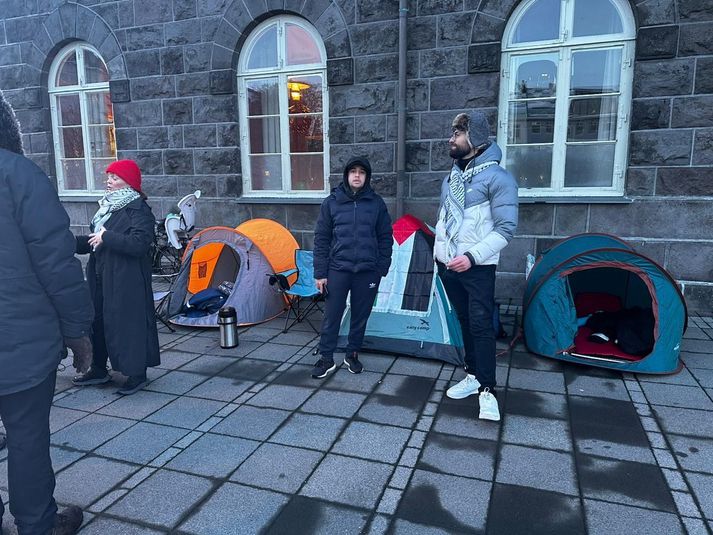 Hópurinn hefur komið sér fyrir fyrir utan Alþingishúsið. 