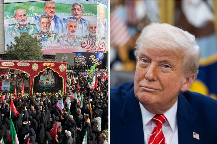 Donald Trump Bandaríkjaforseti baunaði á æðstaklerkinn Khameini vegna yfirlýsinga hans um sigur Írans. Í dag syrgja Íranir þá sem féllu í átökunum við Ísrael.