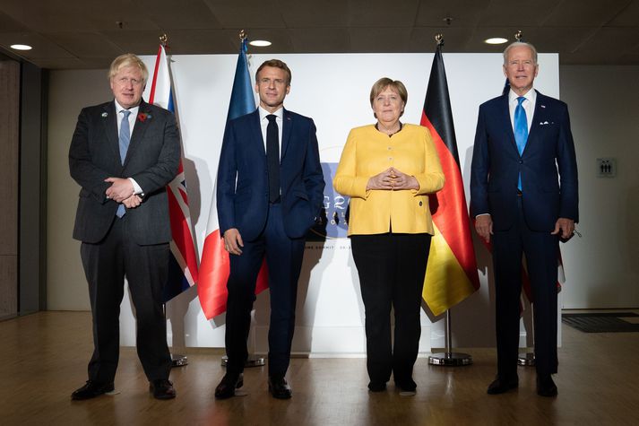 Boris Johnson, Emmanuel Macron, Angela Merkel og Joe Biden fyrir fund leiðtoganna í dag.