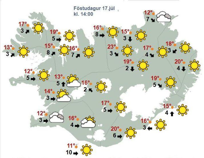 Síðustu daga hefur sú gula spókað sig víða um austanvert landið og nú njóta landsmenn á ferð og flugi góða veðursins en skýjað er á Raufarhöfn og í Reykjavík.
