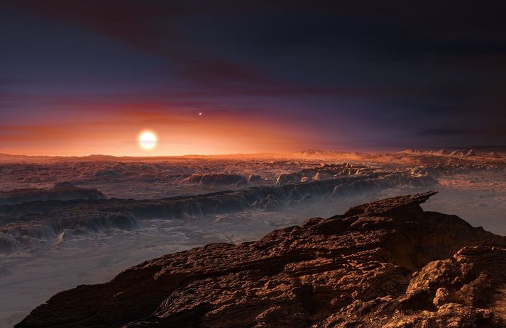 Teikning sem sýnir útsýnið af yfirborði reikistjörnunnar Proxima b sem er á braut um rauðu dvergstjörnuna Proxima Centauri, nálægustu stjörnu við sólkerfið okkar.