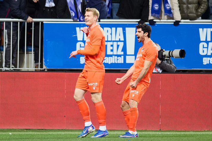 Orri Steinn Óskarsson fagnar hér sigurmarki sínu fyrir Real Sociedad í gærkvöldi.