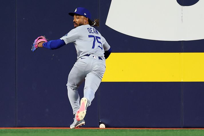 Justin Dean, leikmaður Los Angeles Dodgers, hleypur að boltanum sem hafði fest undir veggnum. Samkvæmt reglum þurfti þá að stöðva leikinn.