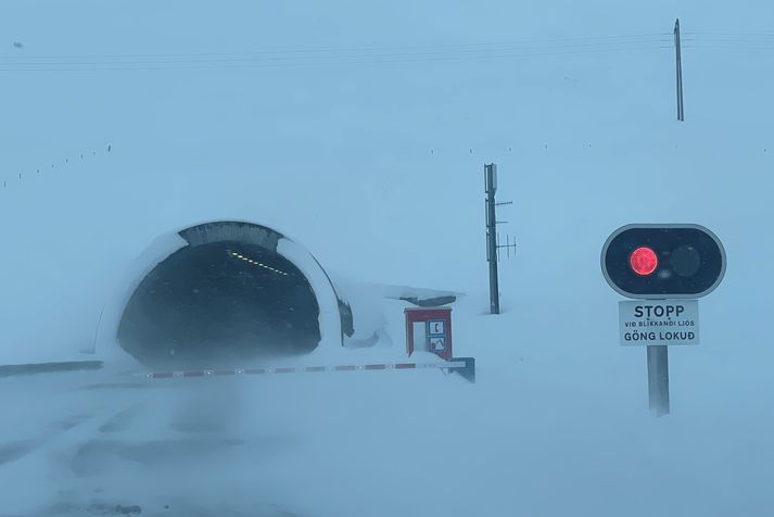 Norðfjarðargöng Eskifjarðarmegin hafa verið lokuð í dag vegna snjóflóðahættu í Fannardal en þar opnast göngin Norðfjarðarmegin. Slá lokar veginum ásamt rauðu blikkandi ljósi.