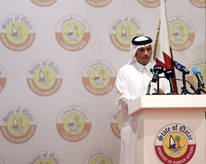Utanríkisráðherra Katar, Mohammed bin Abdul Rahman, á blaðamannafundi í Doha, höfuðborg Katar, í gær.