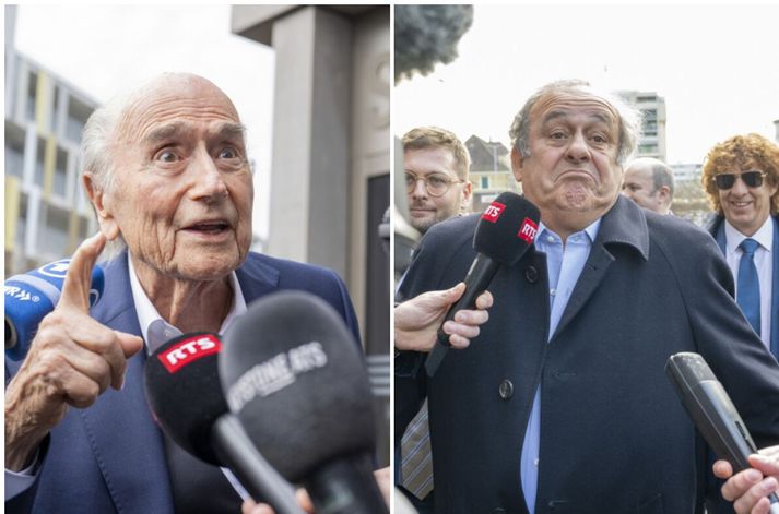 Þeir Sepp Blatter (t.v.) og Michel Platini (t.h.) fyrir utan dómshúsið í Sviss í gær. Á vakt þeirra var alþjóðaknattspyrnuhreyfingin gegnsýrð af spillingu. Lítið hefur breyst síðan.