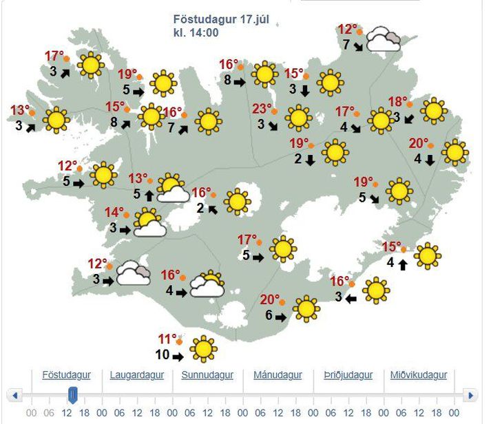 Síðustu daga hefur sú gula spókað sig víða um austanvert landið og nú njóta landsmenn á ferð og flugi góða veðursins en skýjað er á Raufarhöfn og í Reykjavík.