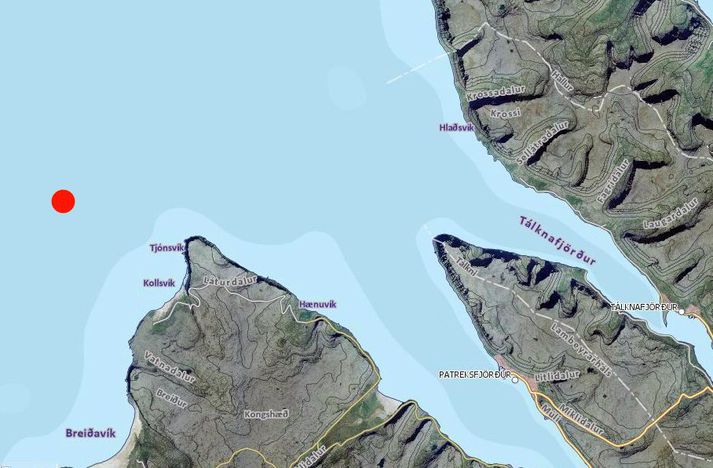 Báturinn var nærri því svæði þar sem rauði hringurinn er á kortinu.