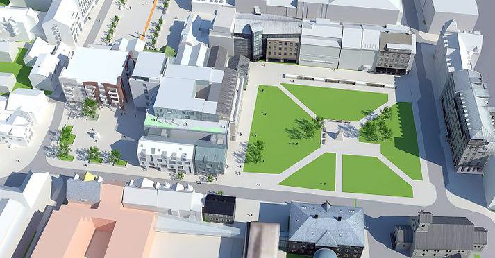 Hér má sjá nýju tillöguna að skipulagi Landsímareitsins. Húsunum við Vallarstræti og Kirkjustræti hefur verið breytt og gert er ráð fyrir rúmlega metra hækkun á Landsímahúsinu. 
mynd/ask arkitektar