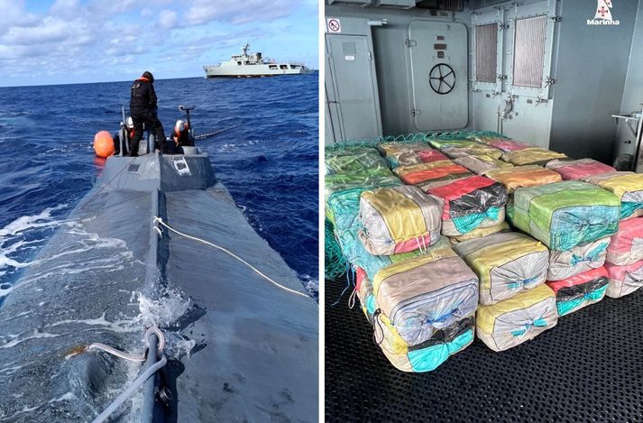 Rúm 1,7 tonn af kókaíni fundust í kafbátnum, sem sökk í slæmu veðri þegar til stóð að draga hann í land.