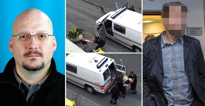 Á myndbandinu sem náðist af atvikinu sést að þegar konan var komin upp að hlið bílsins hrækti hún á lögreglumanninn sem ók lögreglubifreiðinni.  Hann fór út úr bílnum og greip í konuna sem skall á bekk og þaðan í jörðina. Því næst var hún færð í lögreglubílinn.