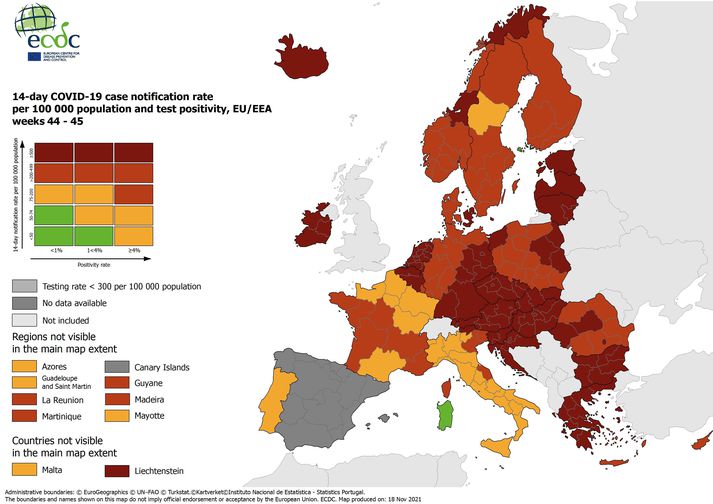 Ísland er í fyrsta sinn dökkrautt á korti Sóttvarnastofnunar Evrópu.